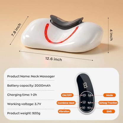 3-in-1 Shiatsu Neck & Back Massager with Heat, Vibration & Airbag Traction, Portable Cordless Electric Massage Pillow Ergonomic Design for Deep Tissue Pain Relief Muscle Relax