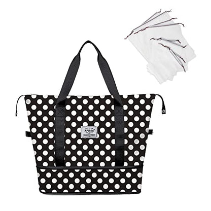 NPBAG Women Travel Duffel, Multi Functional Large Expandable Weekender Carry-on Tote, Gym Workout Overnight Bag, Mommy Hospital Bag for Labor and Delivery - color: Basic-Polka Dots, style: Basic Version
