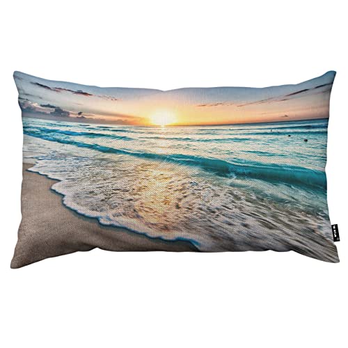 TKS MITLAN Seaside Wave Pillow Covers 12 x 20 Inch Ocean Tropical Beach Sea Coast Sunset Dusk Blue Summer Hawaii Decorative Throw Pillow Covers Linen Cushion Case for Sofa Couch - color: Seaside Wave, size: 20" x 12" (Pack of 1)