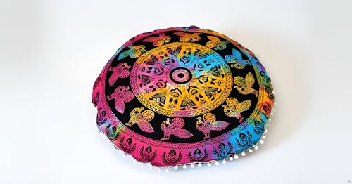 Large Round seat Floor Cushion Cover Chair Ottoman Cover Pouf Pillow Meditation Floor Cushion Covers for Adults Seating pouffe Ottoman Throw Covers Multi Peacock 32" Round
