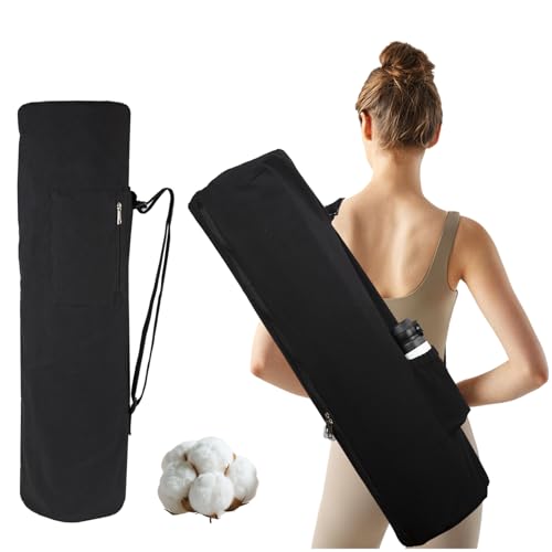 Cotton yoga mat bag with Pockets and Adjustable Strap - Full Zip Cargo Yoga Mat Carrier Bag - Bag for 1/4" 1/3" Thick Yoga Mat - color: Black, size: XL