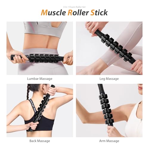 SUBCULTUREPICK 5 in1 Foam Roller Set, Trigger Point Foam Roller Deep Tissue | Massage Roller Stick, Massage Ball, Resistance Band for Physical Therapy, Pilates Yoga,Fitness Exercise for Whole Body Black - color: Black-red