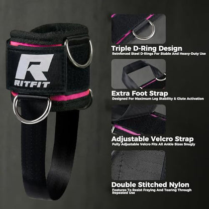 RitFit Kickback 발목 스트랩 패딩 발목 스트랩, 케이블 기계용, 강력한 후크 및 루프, 강화된 3 D링, 조절 가능한 편안한 핏 네오프렌 - 복근, 둔근 및 다리 운동을 향상시키는 프리미엄 발목 커프스 - color: 핑크
