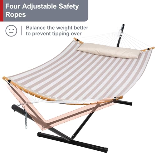 Double Hammock with Stand and Carrying Bag, Light Brown Stripe | Quick Dry Hammock with Curved Spreader Bars and Pillow, 450 Lbs Capacity, For Indoors, Patio, Garden - color: Zquick Dry-light Brown Stripe
