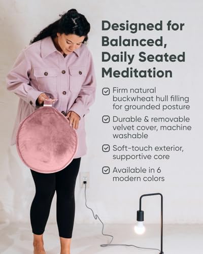 Mindful Modern Velvet Meditation Cushion | Luxe Zafu Yoga Floor Pillow Seat | Posture Support | Buckwheat Hull Filled | Large Round Cushion with Removable Washable Cover + Carry Handle - color: Blush Pink
