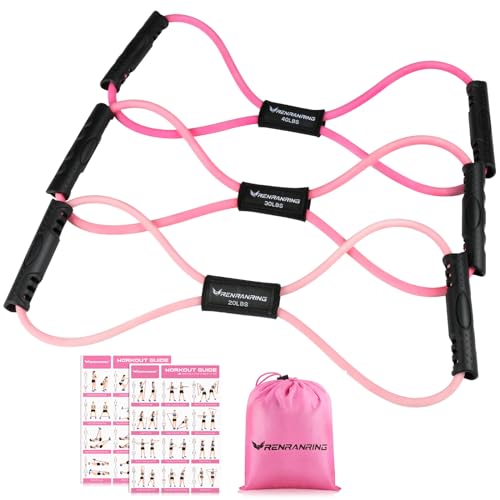 RENRANRING Figure 8 Fitness Resistance Bands with Handles - Exercise Tube Band Set of 3 for Arm and Shoulder Stretch, Rope 8 Word Elastic for Women and Men - color: Pink series, size: 3pcs