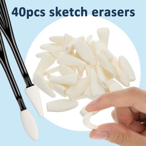 44 Pcs Art Blending Sponges, Practical Blending Stumps for Drawing, Oil Pastel Blendings Tools for Charcoal Pencil Drawing Highlighting Shadowing, 2 Head with 40 Replacement Heads Types