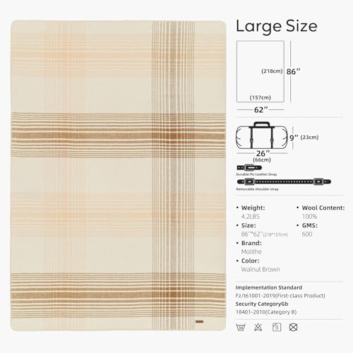 Molithe 100% Wool Blanket, 62" x 86", Warm, Thick, Military, Camping Gear - color: Walnut Brown