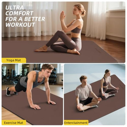 PAIDU Extra Long Wide Yoga Mat, （10mm） Thick Non-Slip Exercise Mat 76"x33" | large mat, ideal for yoga, Pilates & home gym, with non-slip grip & cushioning for all exercises. - color: Dark brown + Black
