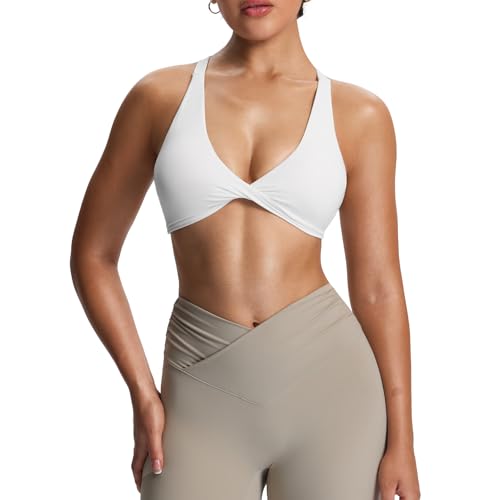 Aoxjox Women's Satara Low Impact Sports Bra | chic front twist, widened cross straps, medium support,breathable fabric, workout fitness yoga crop tank, gym essential - color: A White, size: X-Small