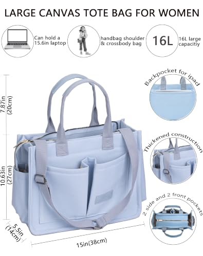 ZHMO Canvas Tote Bag for Women,Women's Bags Crossbody Bags Work Laptop Tote Bag Large Handbags Purse for Travel Nurse Teacher - color: New Upgrade Light Blue With Compartments and Side Cup Holders