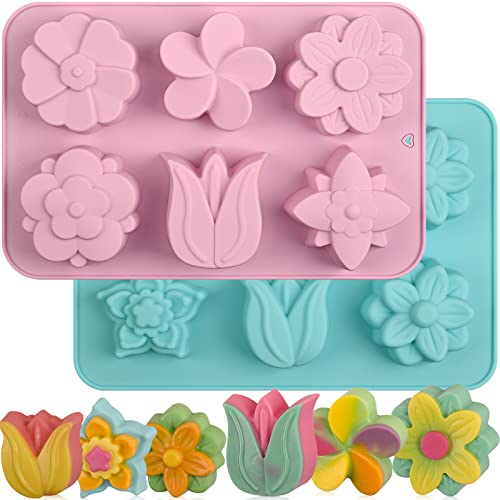Sakolla 6-Cavity Flower Soap Molds Silicone, 2 Pack Tulip Different Flower Shapes Silicone Molds for Soap, Lotion Bar, Bath Bombs, Chocolate, Candy Baking Molds Jelly, Ice Cube Tray - color: Tulip Flower/Pink & Blue
