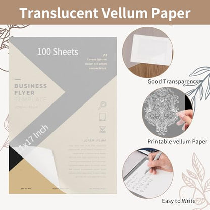 100 PCS 11x17 Inch Translucent Vellum Paper 60 GSM Drafting Vellum Tracing Paper Sheets White Translucent Invitation Paper for Drawing Sketching Wedding Architecture Building Ink (Can't Print) - color: clear