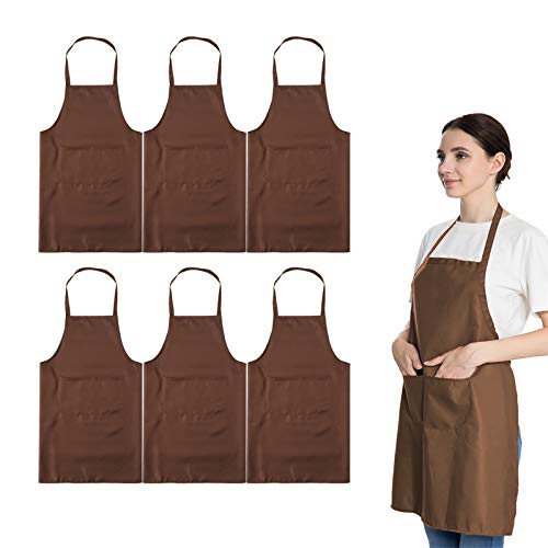Total 6PCS Brown Bib Apron Adult with 2 Pockets for Women Men Chef Cooking Kitchen (6, Brown) - color: Brown