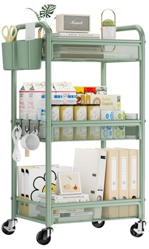 YASONIC 3 Tier Metal Rolling Cart, Green Utility Storage Cart with Wheels - color: Green, size: 3-tier