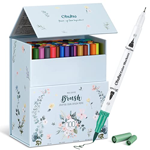 Ohuhu Adult Coloring Book Markers 100 Color Dual Tip Water-Based-Maui-White | No Bleed Coloring Markers Fineliner & Brush Drawing Pens Art Pens for Kids Adults Sketch Journal - color: White Pen, size: 1 Count (Pack of 100)