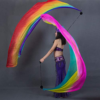 KIKIGOAL 2pcs 2.5x0.9M/98.43"x35.43" Multi-Color Dance Silk Veil Poi - color: pink yellow blue, size: 2.5x0.9M/98.43"x35.43"