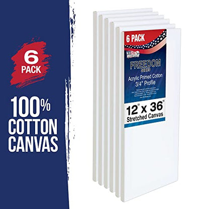 U.S. Art Supply 12 x 36 inch Stretched Canvas for Painting, 12oz Triple Primed, 6-Pack - Professional Artist Quality White Blank 3/4" Profile, 100% Cotton, Heavy-Weight Gesso - Acrylic Pouring, Oil