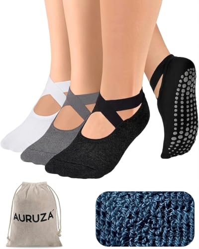 AURUZA Pilates Grip Socks for Women Non Slip Skid Yoga Socks with Grips Straps for Ballet Dance Workout Gripper Sock - color: 3pairs- Black+grey+white, size: Medium