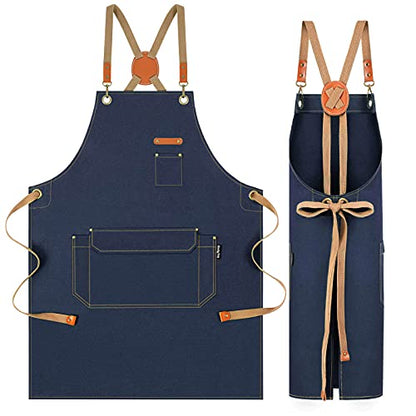 Chef Apron with Cross Back Straps for Men Women, Cotton Canvas Apron for Artists Painting, Kitchen Cooking - color: Navy Blue