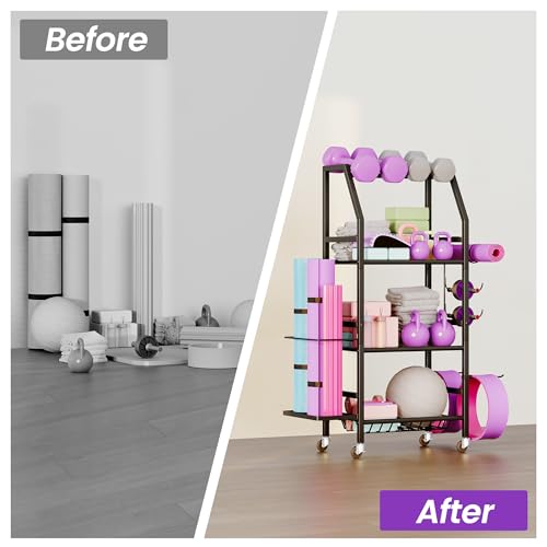 Homeiju Dumbbell Rack, Weight Rack for Home Gym, Yoga Mat Storage Holder with Lockable Wheels, Dumbbell Stand with Hooks, All in One Work out Equipment Storage for Yoga Mat Dumbbell and Balls - size: 4-Tier