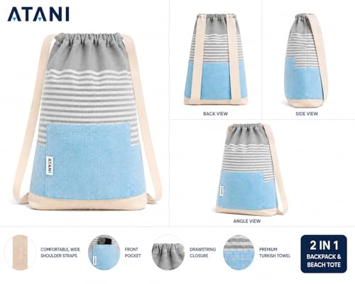 ATANI Turkish Beach Towel, Converts to a Bag, Oversized 100% Cotton Bath Towels Lightweight Quick-Dry Beach Blanket for Travel, Picnic, Camping, Yoga and Pool (Grey x Turquise, 71 inc x 39 inc) - color: Grey X Turquise, size: 71 inc x 39 inc