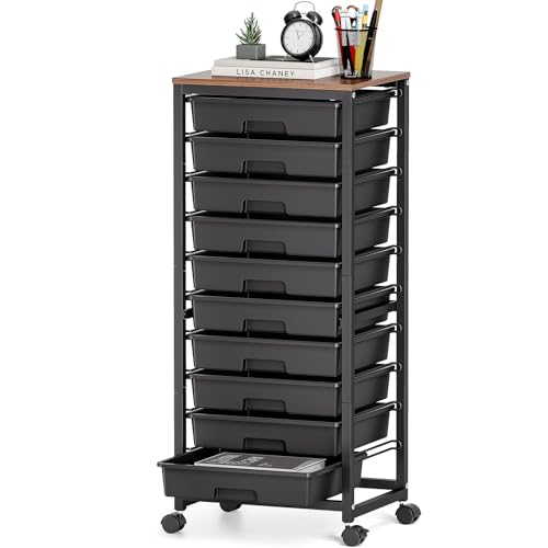 Sykiariol 10 Drawer Rolling Cart,Black | Rolling Cart for Craft Storage,Storage Cart with Lockable Wheels and Wooden Tabletop for Classroom,Office,Living Room - color: Black