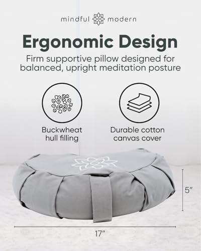 Mindful & Modern Large Meditation Cushion | Zafu Yoga Bolster Meditation Floor Pillow Seat | Buckwheat Hull Filled Crescent Shaped Cushion with Removable Washable Cover + Carry Handle | Grey - color: Crescent - Grey