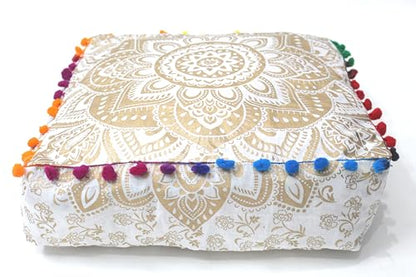 INDIAN CRAFT CASTLE Mandala Mandala Barmeri Large Floor Pillow Cover Cushion Meditation Seating Ottoman Throw Cover Hippie Decorative Zipped Bohemian Pouf Ottoman Cases (Golden, 16" Square)