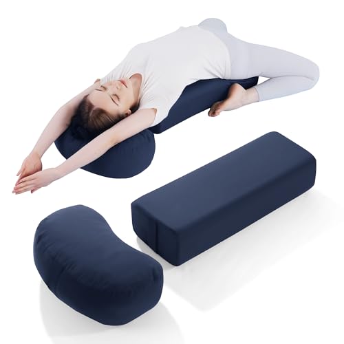 MABOZOO 2-Piece Yoga Bolster Pillow, Rectangular & Crescent Meditation Cushions with Removable Cover for Restorative Yoga, Meditation Accessories for Sitting on Floor - color: Blue