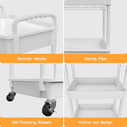 3 Tier Rolling Utility Cart with Drawer,REBECAT Utility Cart Made of Multifunctional Storage Organizer Tool for Kitchen,Bathroom,Living Room,Office(White) - color: White