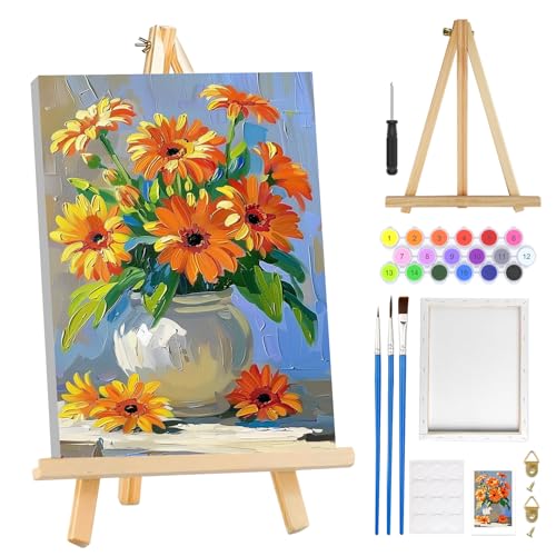 MOGTAA Paint by Numbers Kit for Adults with Frame, Flowers in Vase Paint by Number Canvas, Flowers Scenery Paint by Numbers with Easel, DIY Oil Painting Kit for Home Wall Decor 8 x 12 Inch - color: Flowers in Vase1