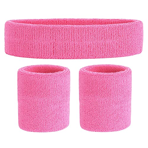 ONUPGO Sweatband Set Sports Headband Wristband Set Sweatbands Terry Cloth Wristband Wrist Sweatband Headbands Moisture Wicking Sweat Absorbing Head Band - color: Light Pink