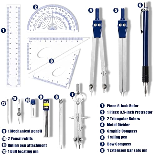 13 Pieces Geometry Set Compass Geometry Tools Math Compass and Protractors Metal Precision Drafting Kit with Storage Box Rulers Pencils Technical Drawing, Engineering & Architecture - color: Blue
