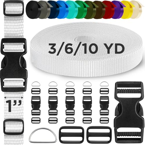 TECEUM 1" Nylon Strap Kit with Buckles, White 6 yards Repair Set | Heavy duty hardware kit: 6yd webbing, 6 quick release buckles, 12 tri-glide slide clips, 6 metal D-rings for crafting. - color: White, size: 1" - 6 yards, style: 6 Buckle - 12 Slides - 6 D