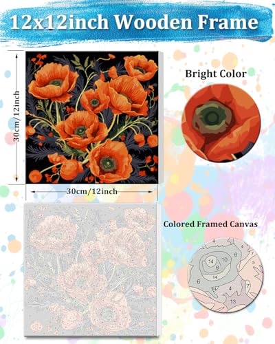 TOCARE Framed Paint by Numbers Kit for Adults Beginners, 12x12inch Red Poppy Paint by Number with Frame,Easy Flowers Paint by Numbers Framed Canvas (Without Easel) - color: TC-F-222