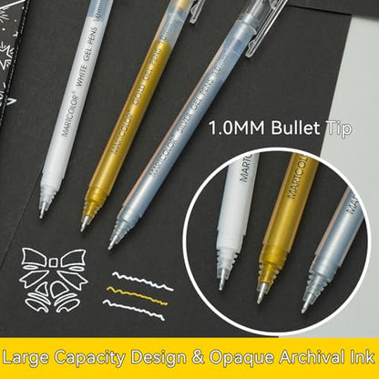 MARTCOLOR Gold Silver White Gel Pens, 3 Pack 1.0mm Fine Point Gel ink Pens | Opaque Archival Ink Pen for Black Paper Drawing, Art Highlight, Illustration, Bullet Journaling, Card Making & DIY Projects - style: Gold Silver White - 1.0mm