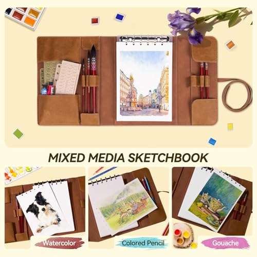 LIGHTWISH Watercolor Pad - A5 20 Sheets 100% Cotton 300GSM Cold Press Paper | Detachable with Backing Board | All-in-One Travel Watercolor Journal with Brush Holders & Storage Pockets - color: Brownish yellow