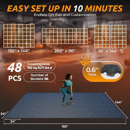 PRAISUN 0.6" Thicker Rubber Top 192 Sq Ft Gym Flooring for Home Gym | 48 Pcs Workout Mat, Exercise Mat, Interlocking Rubber Floor Mats with High Density EVA Foam for Garage, 24 x 24in, Black/Blue - size: 48 Tiles (192 Sq Ft)