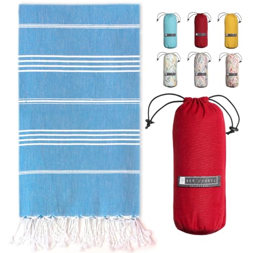 BAY LAUREL Turkish Beach Towel with Travel Bag 39 x 71 Quick Dry Sand Free Lightweight Large Oversized Towels Light (Blue with Red Bag) - color: Blue With Red Bag