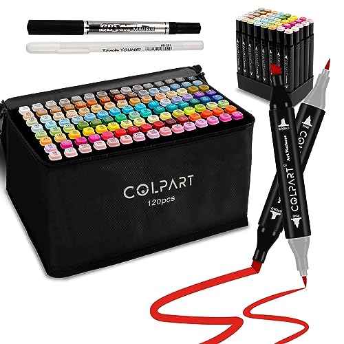 colpart 120 Colors Alcohol Markers, Brush Dual Tip Markers with Case | Brush & Chisel Markers, Includes Pen Holder and Case,Kids&Adult Ideal for Coloring, Painting, Sketching and Drawing