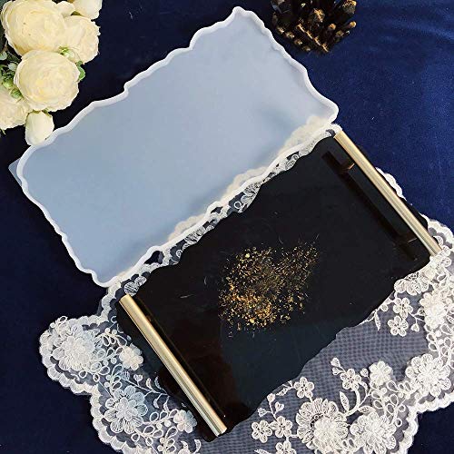 RESINWORLD Set of 2 Size 14‘‘ & 12'' XL Large Serving Tray Silicone Molds Epoxy Resin Geode Tray Mold with Gold & Silver Handles (Rectangle)