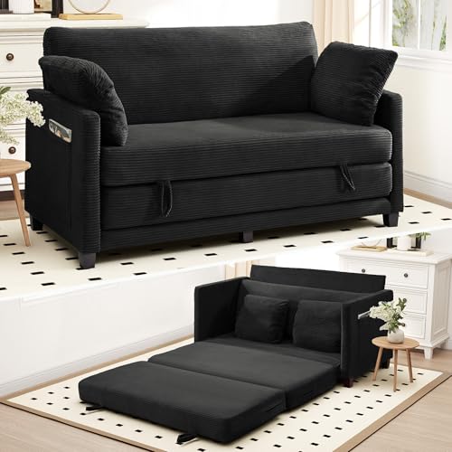 Myroyalsit 65" Convertible Loveseat Sofa Bed, 2-in-1 Folding Sofa Bed with 2 Pillow for Small Spaces, Modern Loveseat Sleeper Couch for Apartment, Living Room & Guest Room (Black Corduroy, 65 inch) - color: Light Black, size: 65"