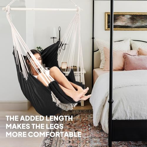 Chihee Hammock Chair Foot Rest 2 Cushions Max 485 lbs Metal Spreader Bar | Robust Hanging Chair Soft Cotton Blended Swing Collapsible Easy Storage Strong Strap Iron Carabiner Pocket Indoor Outdoor - color: Dark Grey