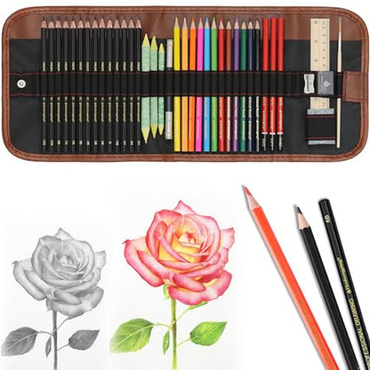Heshengping, Sketching Pencil Set Drawing Pen Charcoal Sketch Kit Cover Graphite Charcoal Watercolor Pencils Paper Erasable Pen Beginners Artist Children and Adults(39pcs Art Supplies) - size: 1 Count (Pack of 1)