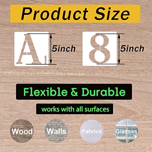 5 Inch Letter Stencils Numbers Craft Stencils, 42 Pcs Reusable Plastic Alphabet Drawing Templates for Painting on Wood, Wall, Fabric, Rock, Signage, Door Porch, DIY Art Projects - size: 5 Inch