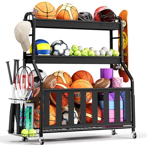 Sports Equipment Organizer, Large Capacity Garage Ball Storage Rack | Heavy-Duty Rolling Ball Cart with Locking Wheels for Basketball, Soccer & Sports Gear