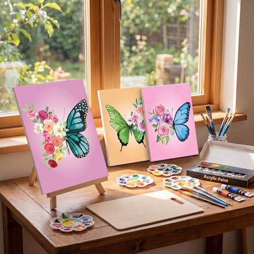 Ctosree 72 Pcs Butterfly Paint and Sip Kit for Adults 8'' x 10'' Pre Drawn Canvas for Painting DIY Pre Printed Canvas for Party Favor Acrylic Painting Kit Wood Easel Brushes Date Night Bulk - style: Butterfly