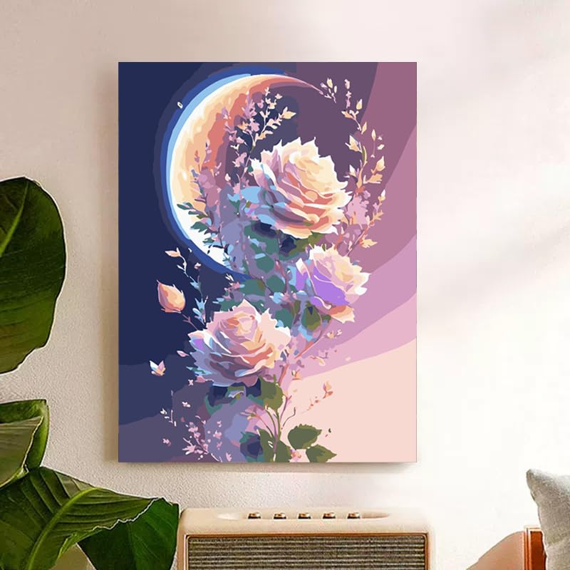 ZRIZQ Paint by Numbers Kit for Adults Beginner,Flowers Moon,16x20 | Full set with wooden brushes,rolled canvas,rich paints.Calming activity.Beginner friendly.Just open and paint. - color: 16"X20"Rolled Canvas(Frameless)-Flowers 12