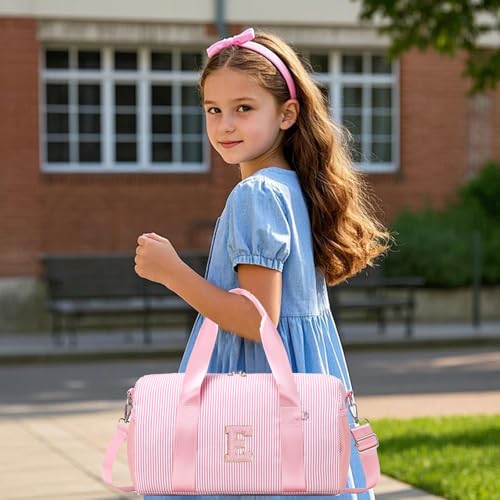 Initial Dance Bag Personalized Girl Gym Bag Kid Gymnastics Bags Weekender Ballet Bags Toddler Travel Duffle bag with Adjustable Straps(Pink-E) - color: Pnk, style: E